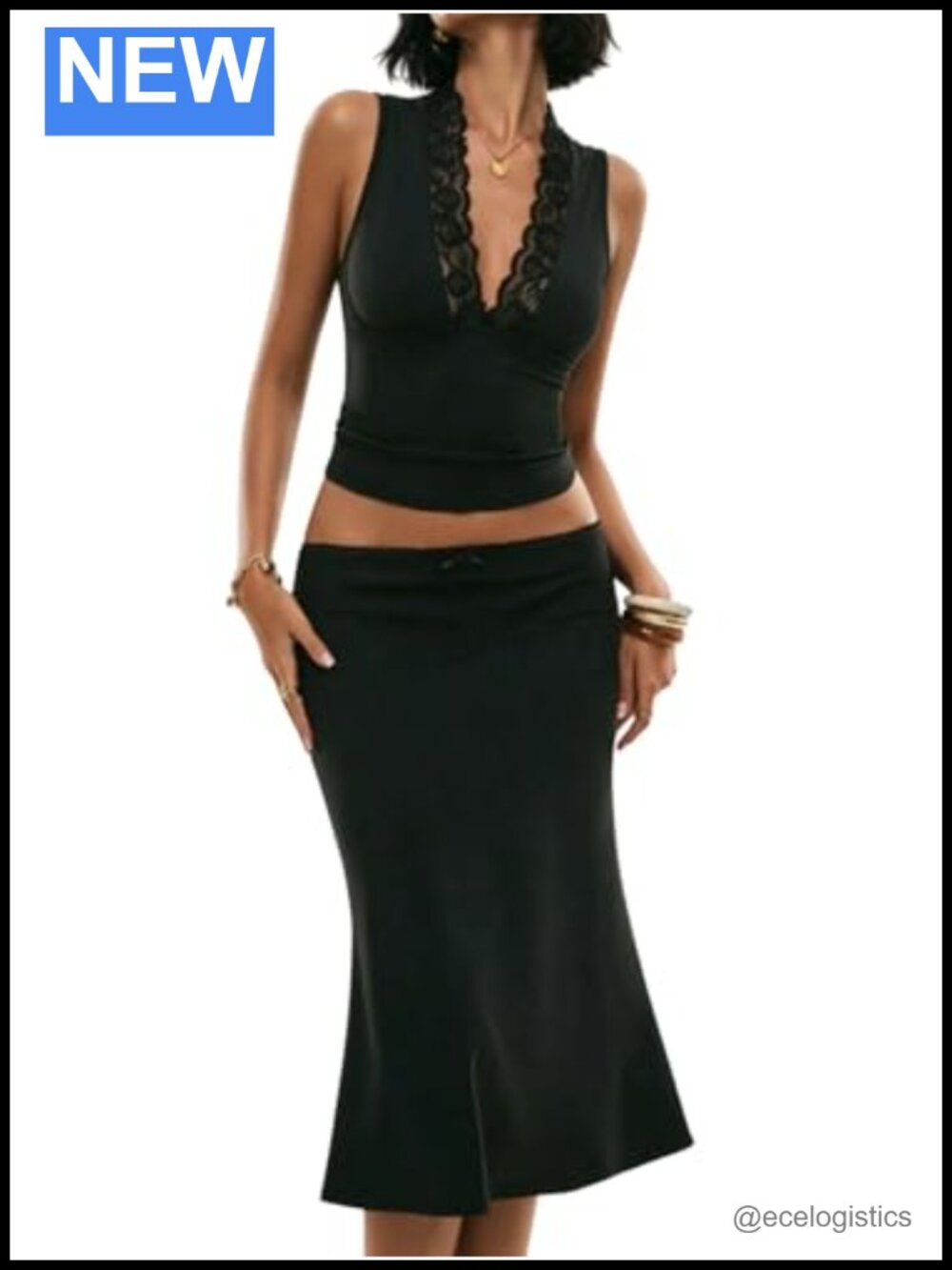 Women's 2 Piece Lace Trim Skirt Set Satin Sleeveless Midi
